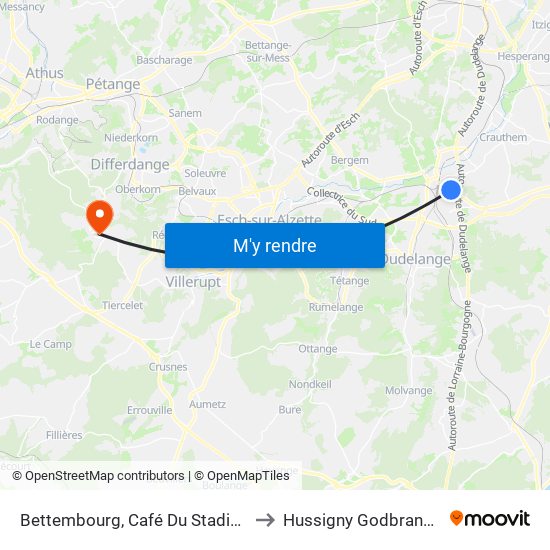 Bettembourg, Café Du Stadion to Hussigny Godbrange map