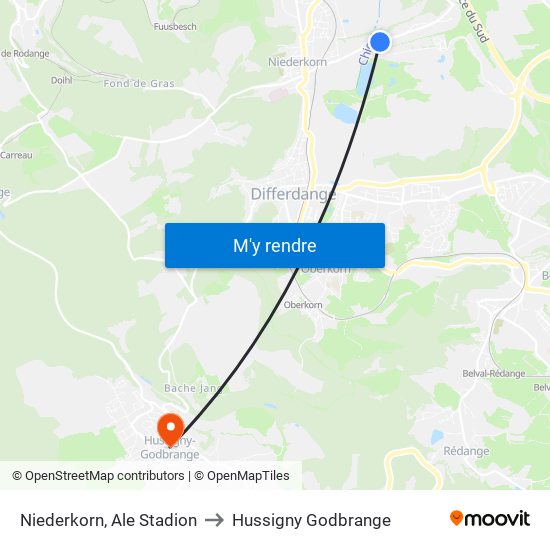 Niederkorn, Ale Stadion to Hussigny Godbrange map
