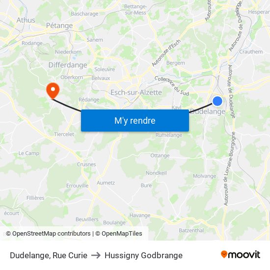 Dudelange, Rue Curie to Hussigny Godbrange map