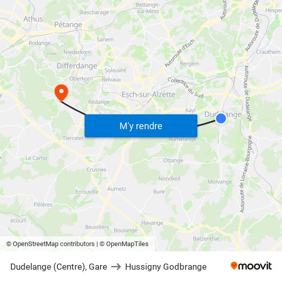 Dudelange (Centre), Gare to Hussigny Godbrange map