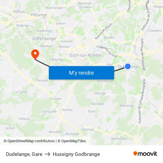 Dudelange, Gare to Hussigny Godbrange map