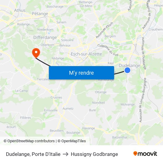 Dudelange, Porte D'Italie to Hussigny Godbrange map
