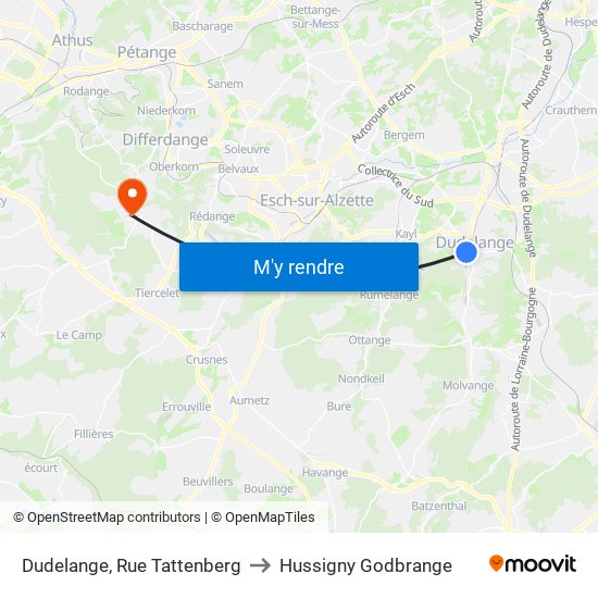Dudelange, Rue Tattenberg to Hussigny Godbrange map