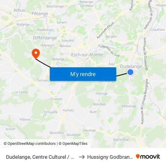 Dudelange, Centre Culturel / Cna to Hussigny Godbrange map
