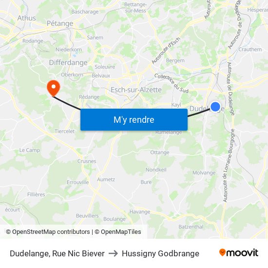 Dudelange, Rue Nic Biever to Hussigny Godbrange map