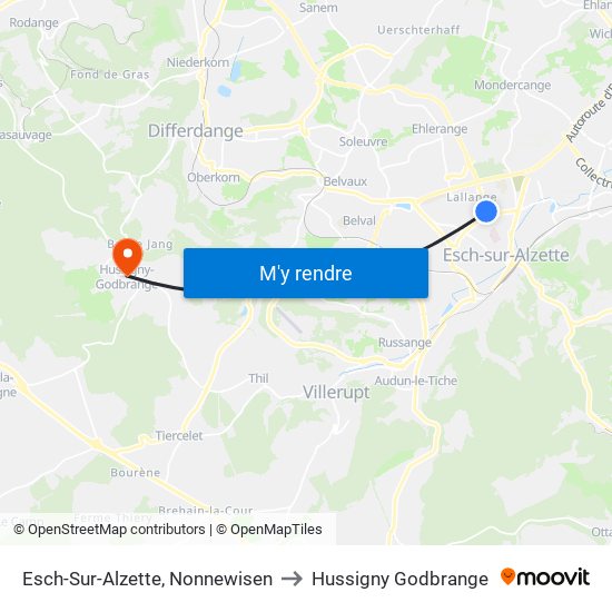 Esch-Sur-Alzette, Nonnewisen to Hussigny Godbrange map