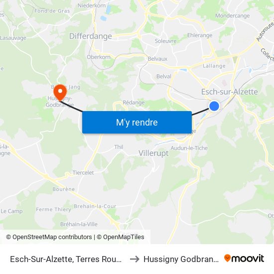 Esch-Sur-Alzette, Terres Rouges to Hussigny Godbrange map