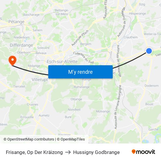 Frisange, Op Der Kräizong to Hussigny Godbrange map