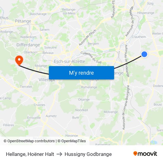 Hellange, Hoëner Halt to Hussigny Godbrange map