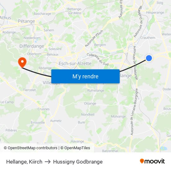 Hellange, Kiirch to Hussigny Godbrange map