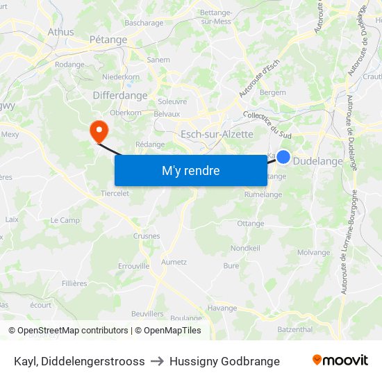 Kayl, Diddelengerstrooss to Hussigny Godbrange map