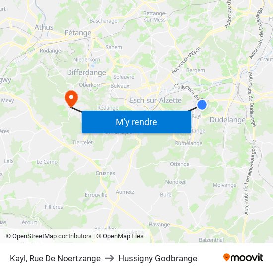 Kayl, Rue De Noertzange to Hussigny Godbrange map