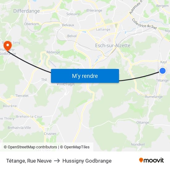 Tétange, Rue Neuve to Hussigny Godbrange map