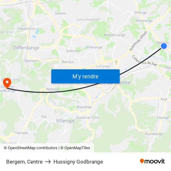 Bergem, Centre to Hussigny Godbrange map
