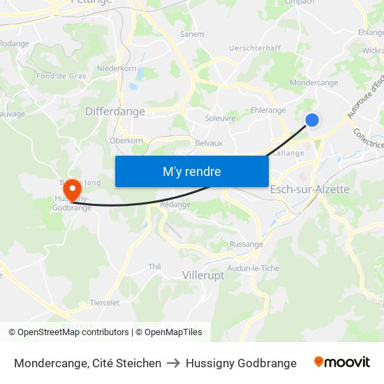 Mondercange, Cité Steichen to Hussigny Godbrange map