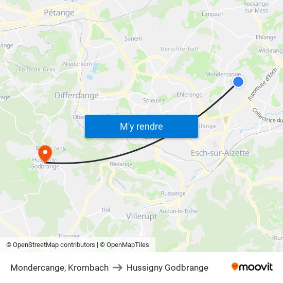 Mondercange, Krombach to Hussigny Godbrange map