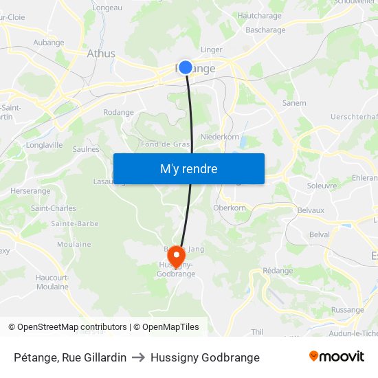 Pétange, Rue Gillardin to Hussigny Godbrange map
