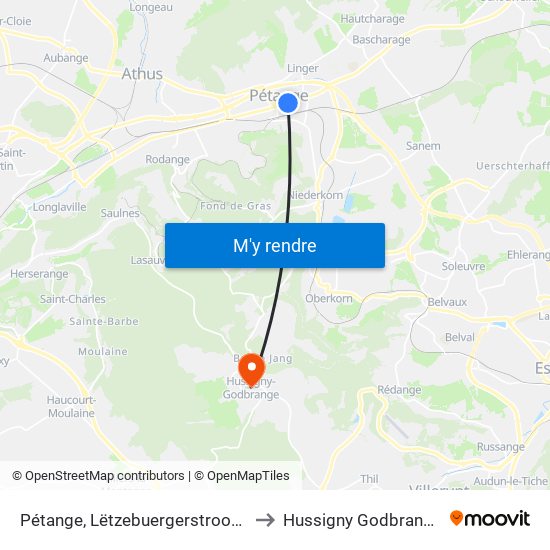 Pétange, Lëtzebuergerstrooss to Hussigny Godbrange map