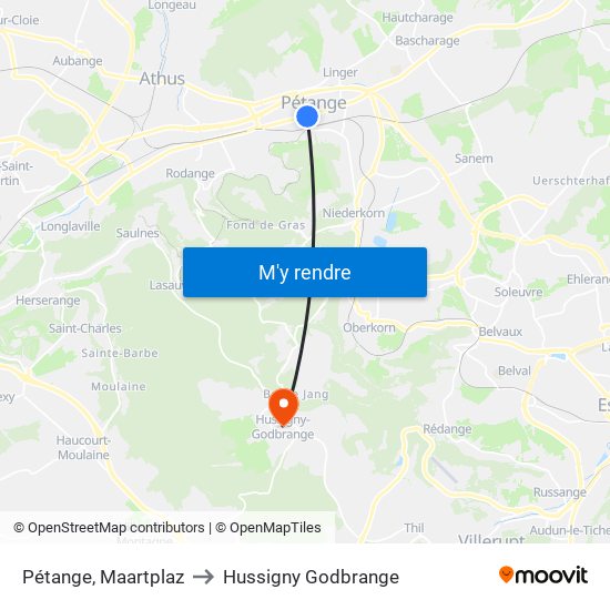 Pétange, Maartplaz to Hussigny Godbrange map
