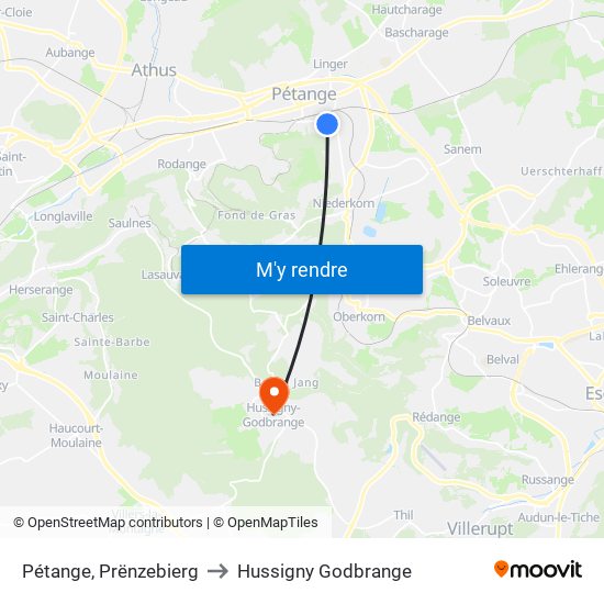 Pétange, Prënzebierg to Hussigny Godbrange map