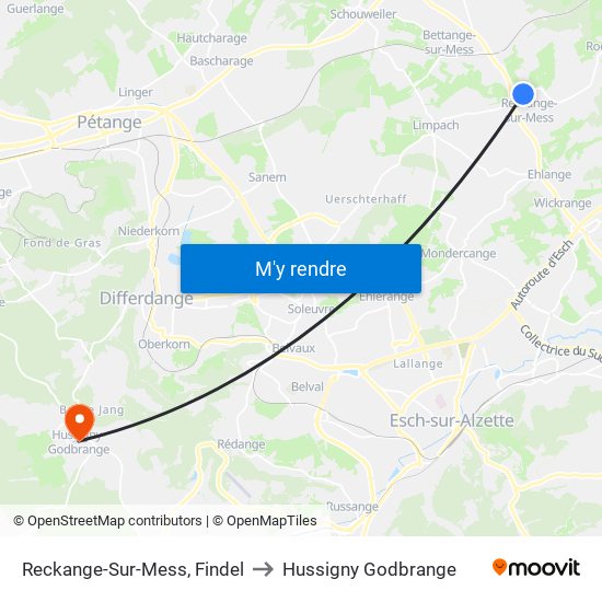 Reckange-Sur-Mess, Findel to Hussigny Godbrange map