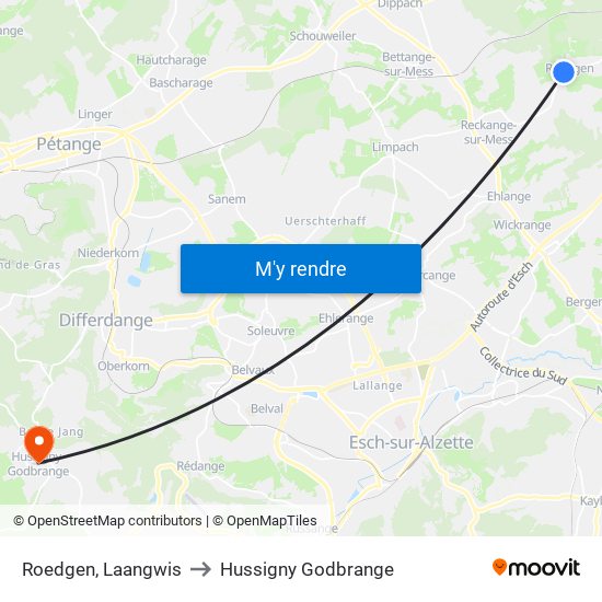 Roedgen, Laangwis to Hussigny Godbrange map