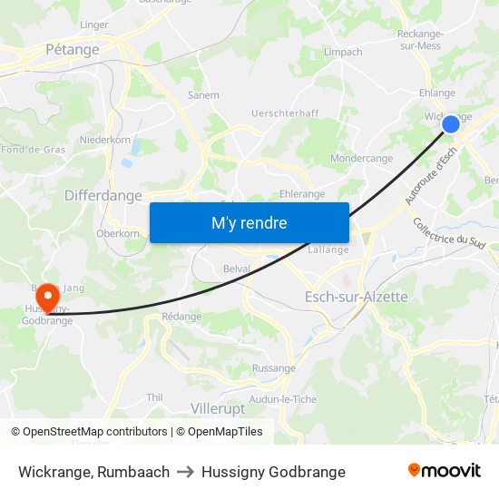 Wickrange, Rumbaach to Hussigny Godbrange map