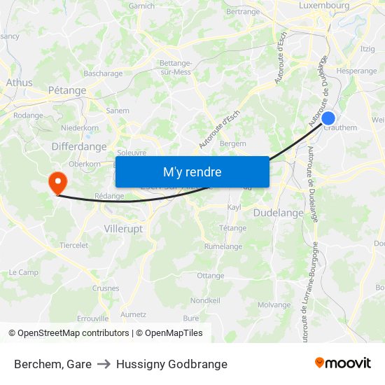 Berchem, Gare to Hussigny Godbrange map