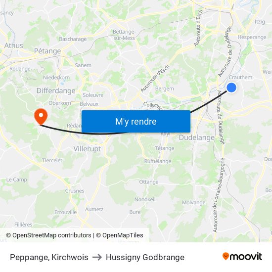 Peppange, Kirchwois to Hussigny Godbrange map