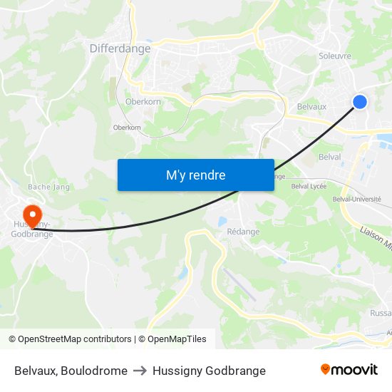 Belvaux, Boulodrome to Hussigny Godbrange map