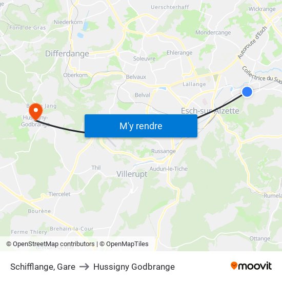 Schifflange, Gare to Hussigny Godbrange map