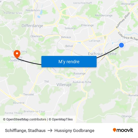 Schifflange, Stadhaus to Hussigny Godbrange map