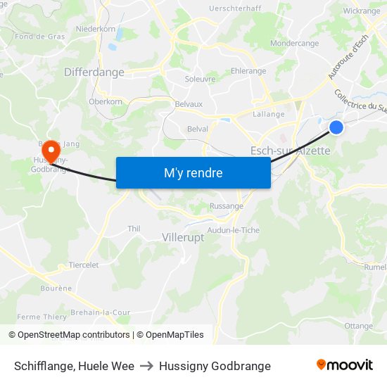 Schifflange, Huele Wee to Hussigny Godbrange map