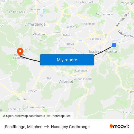 Schifflange, Millchen to Hussigny Godbrange map