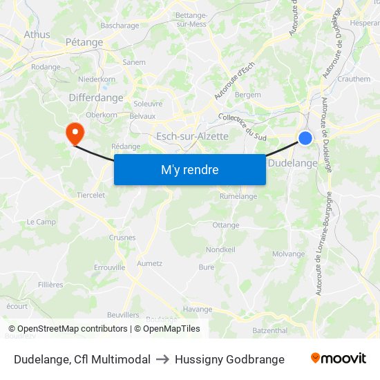 Dudelange, Cfl Multimodal to Hussigny Godbrange map