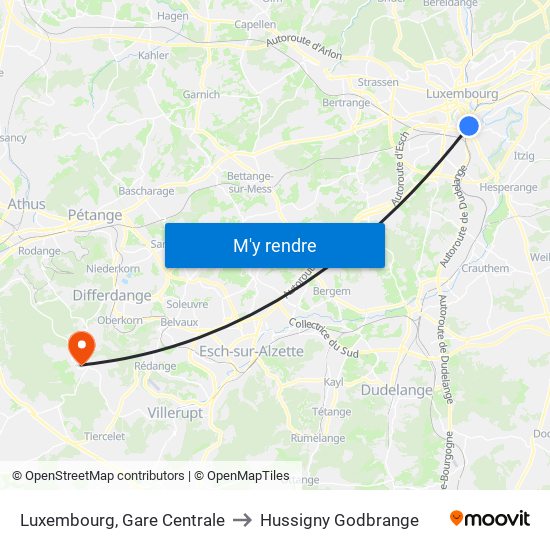 Luxembourg, Gare Centrale to Hussigny Godbrange map