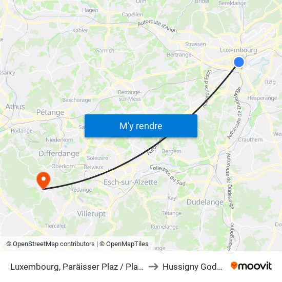 Luxembourg, Paräisser Plaz / Place De Paris to Hussigny Godbrange map