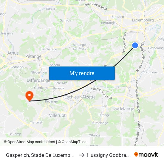 Gasperich, Stade De Luxembourg to Hussigny Godbrange map