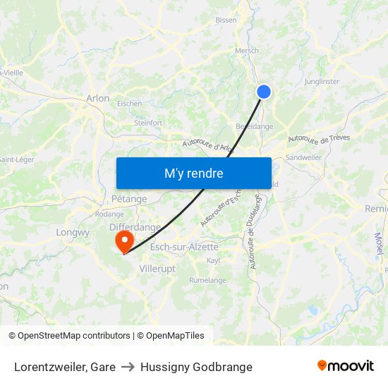 Lorentzweiler, Gare to Hussigny Godbrange map