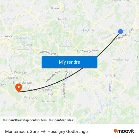 Manternach, Gare to Hussigny Godbrange map