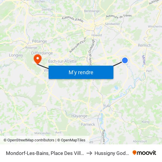 Mondorf-Les-Bains, Place Des Villes Jumelées to Hussigny Godbrange map