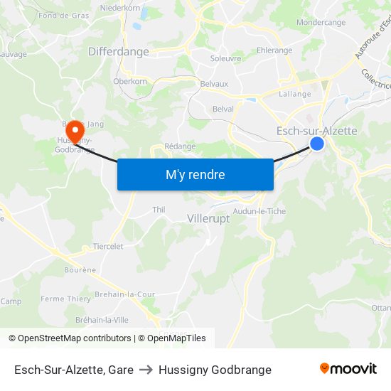 Esch-Sur-Alzette, Gare to Hussigny Godbrange map