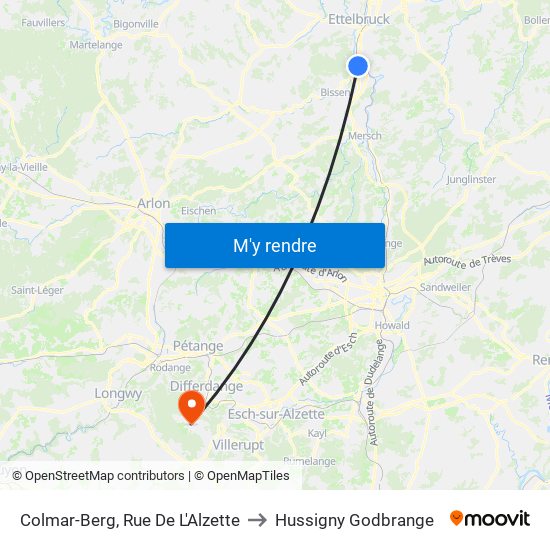 Colmar-Berg, Rue De L'Alzette to Hussigny Godbrange map