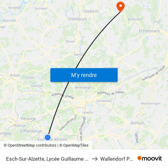 Esch-Sur-Alzette, Lycée Guillaume Kroll to Wallendorf Pont map