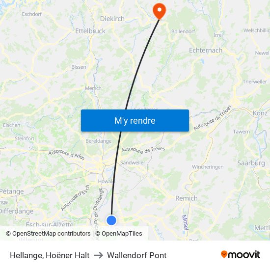 Hellange, Hoëner Halt to Wallendorf Pont map