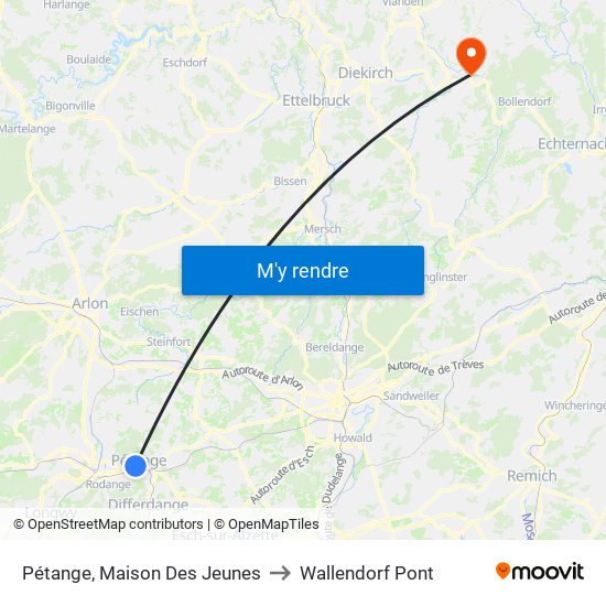 Pétange, Maison Des Jeunes to Wallendorf Pont map
