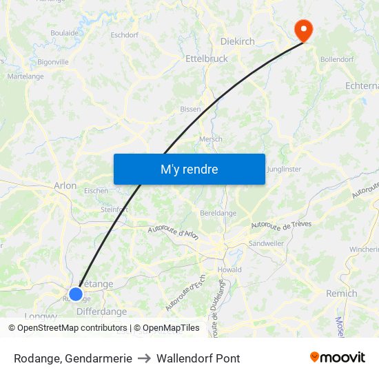 Rodange, Gendarmerie to Wallendorf Pont map