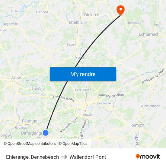 Ehlerange, Dennebësch to Wallendorf Pont map