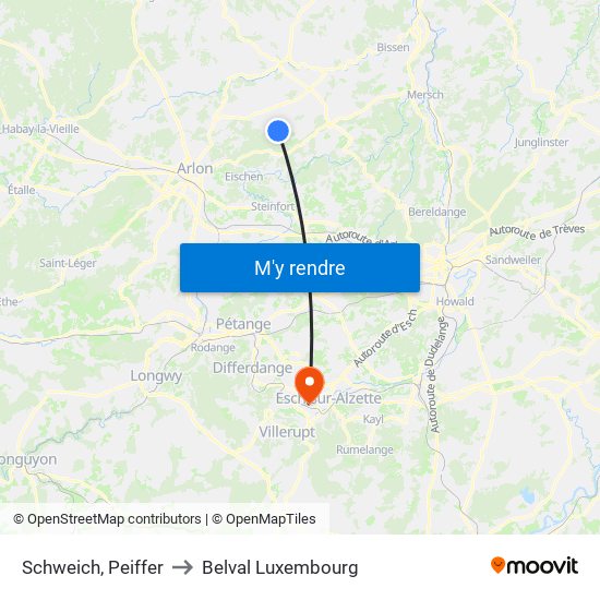 Schweich, Peiffer to Belval Luxembourg map