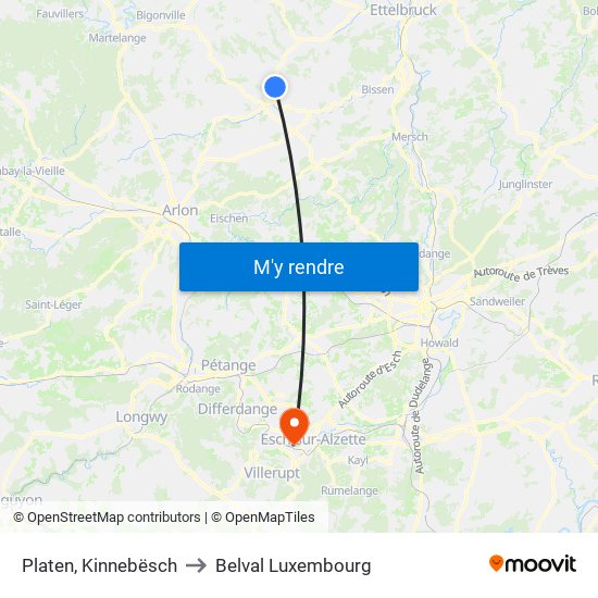 Platen, Kinnebësch to Belval Luxembourg map